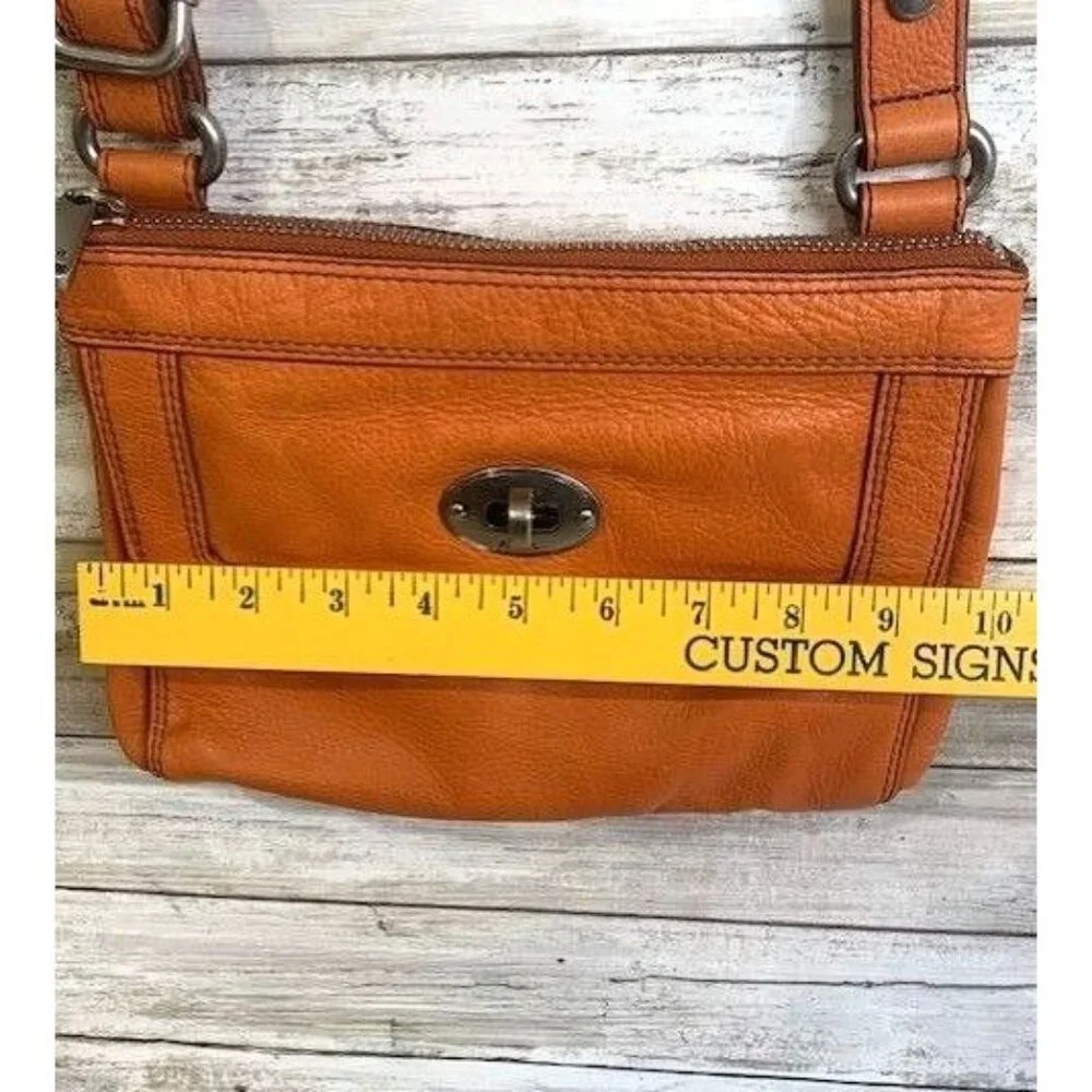 Orange Fossil Leather Crossbody Bag with‎ Front Turn Lock Pocket